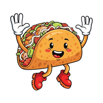 Vibrant cartoon Mexican taco character, cheerful and smiling, jumping energetically with waving white-gloved hands, isolated on a transparent background with copy space, concept for food branding