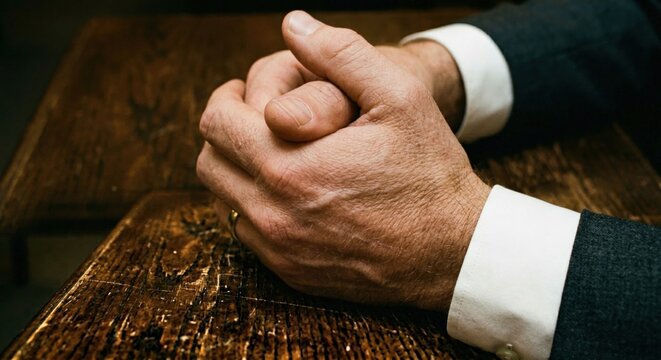 Close crop of witness hands folded on a dark wood table during a legal testimony in a courtroom setting, showing tension and composure in a law firm concept