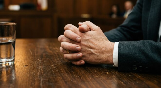 Witness hands folded on a wooden table during testimony in a courtroom setting, displaying tension and composure under legal examination with copy space