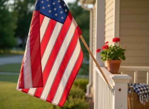 American Flag mounted on a front porch railing at sunset for patriotic holiday celebrations and home advertising with copy space over a soft suburban background