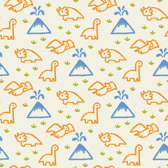 Dinosaur seamless pattern with cute triceratops brontosaurus and volcano in hand drawn doodle style for kids fabric © Little Joy Designs