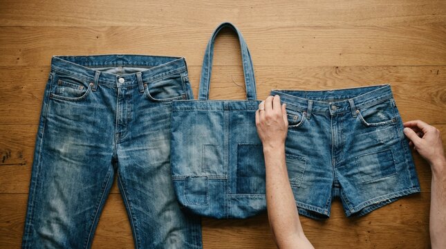 Upcycled denim clothing and tote bag on wooden table with hands for sustainable fashion concept, rework process flat lay with ample copy space and natural light