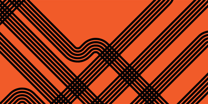 Vibrant abstract background featuring a clean interlocking pattern of black parallel lines and diagonal grids on a bold orange field.