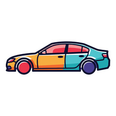 Fototapeta premium Colorful cartoon car with different colored doors and wheels side view icon
