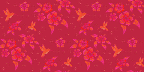 Seamless pattern with hand drawn hibiscus flowers and hummingbirds on red background for textile and wallpaper © Little Joy Designs