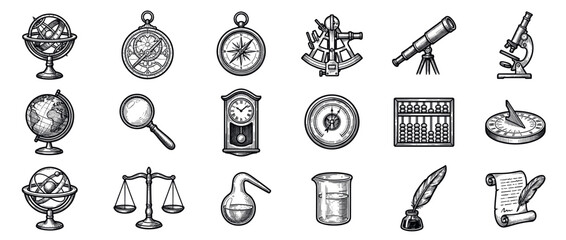 Fototapeta premium Collection of vintage scientific and educational instruments, including globes, compasses, telescopes, and beakers, rendered in a detailed engraving style