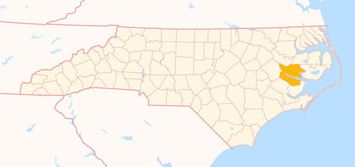 Fototapeta premium Map of the County Beaufort (North Carolina, US) showing the Federal State with the highlighted County