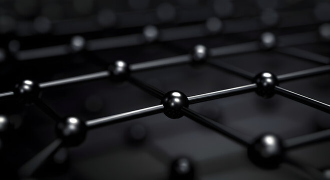 Photorealistic extreme macro graphene lattice hexagonal carbon atom structure.