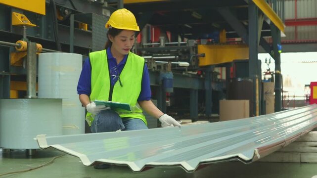 Female worker inspect rust proof coated corrugated metal sheets ensuring strength aesthetics before shipment distributors within the industrial metal sheet manufacturing plant.