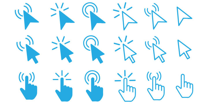 Computer mouse cursor pointer icon set in flat and outline style, click arrow symbols for apps and websites vector illustration