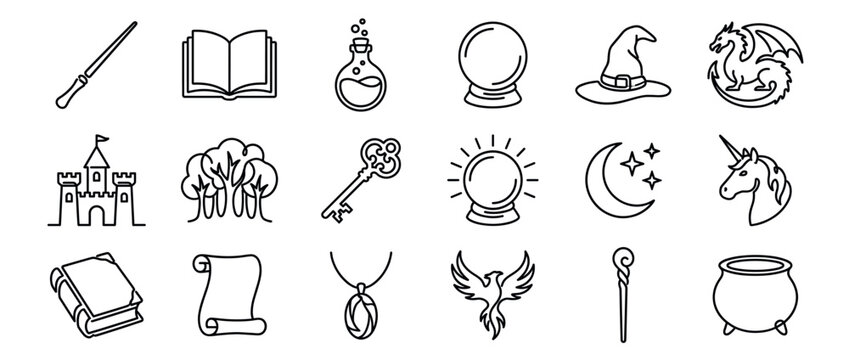 Various fantasy and magic themed outline icons, including a wand, spellbook, potion, crystal ball, and wizard hat, arranged neatly