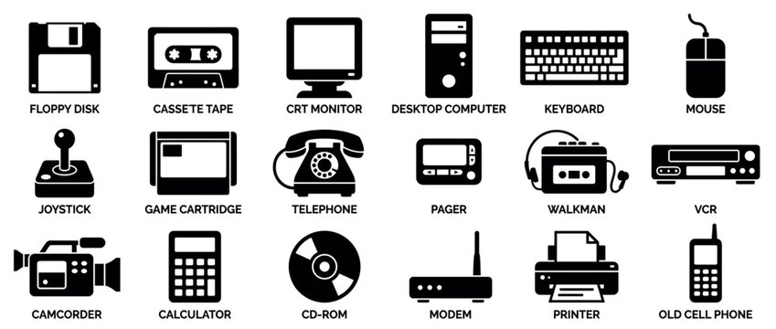Collection of black silhouette retro technology icons representing various vintage electronic devices from past decades