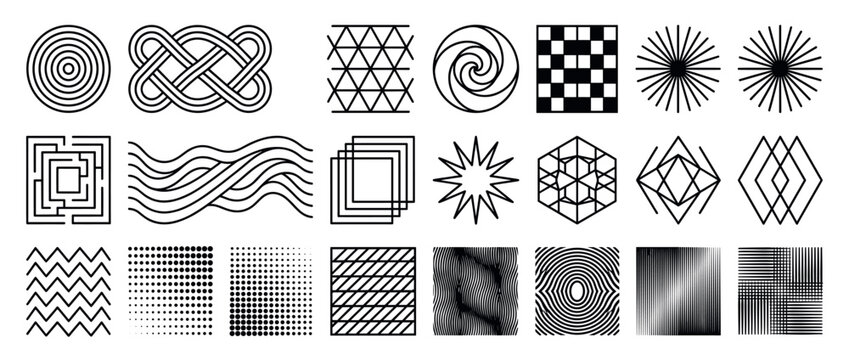 Collection of diverse black and white geometric shapes and patterns, featuring various abstract designs in a clean, modern style