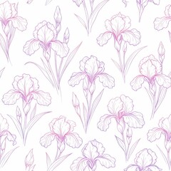 Naklejka premium Seamless hand-drawn iris floral pattern in delicate pink and purple line art on white background, subtle gradient outlines, elegant botanical illustration for wallpaper textiles