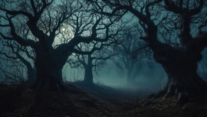 Fototapeta premium Misty, moonlit forest at night
