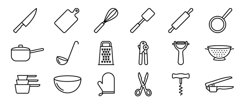 Comprehensive collection of various kitchen utensils and cooking tools presented as simple black outline icons on a clean surface