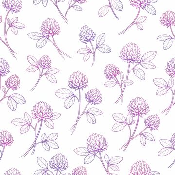Seamless floral pattern featuring hand-drawn clover blossoms and slender leaves in delicate pink and purple gradient linework on a clean white background
