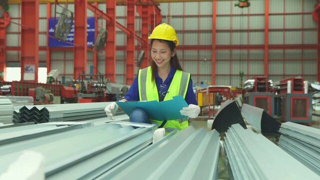 Female worker inspect rust proof coated corrugated metal sheets ensuring strength aesthetics before shipment distributors within the industrial metal sheet manufacturing plant.