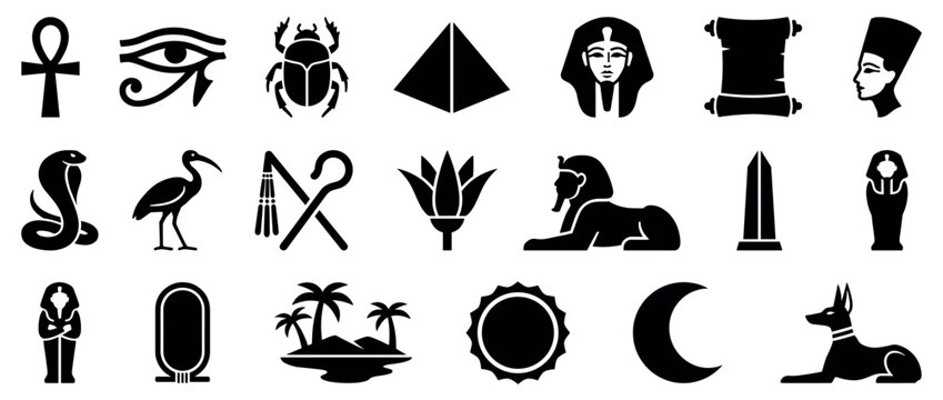 Collection of ancient Egyptian black silhouette icons including ankh, Eye of Horus, scarab, pyramid, and pharaoh
