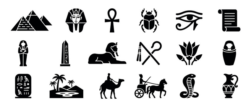 Collection of ancient Egyptian black silhouette icons featuring pyramids, pharaoh, ankh, scarab, and other cultural symbols