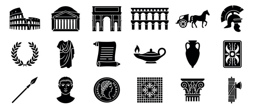 Comprehensive collection of black silhouette Roman Empire icons, including famous landmarks, historical figures, and cultural artifacts, presented in a clean, graphic style