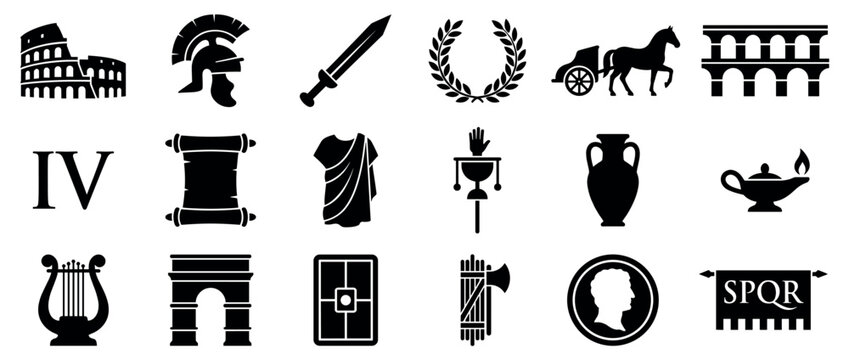 Comprehensive collection of black silhouette icons representing various aspects of ancient Roman culture and history, presented in a clean, graphic style