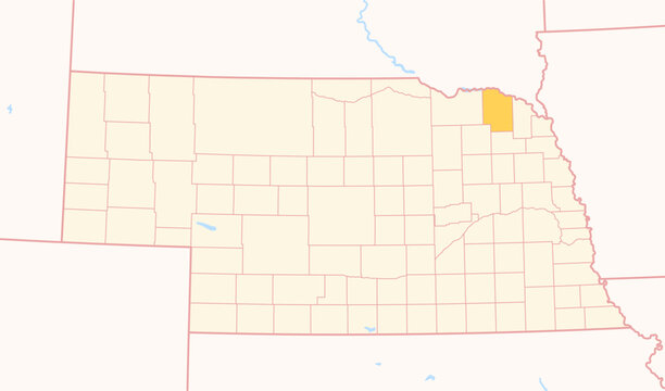 Map of the County Cedar (Nebraska, US) showing the Federal State with the highlighted County