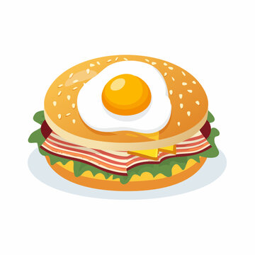Delicious breakfast burger with fried egg, bacon, and cheese on a sesame seed bun
