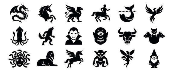 Fototapeta premium Large collection of various black mythical creatures and fantasy characters in a simple, bold silhouette style