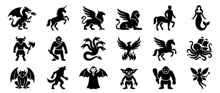Collection of various mythical creatures and fantasy characters depicted as black silhouettes in a clean, graphic style