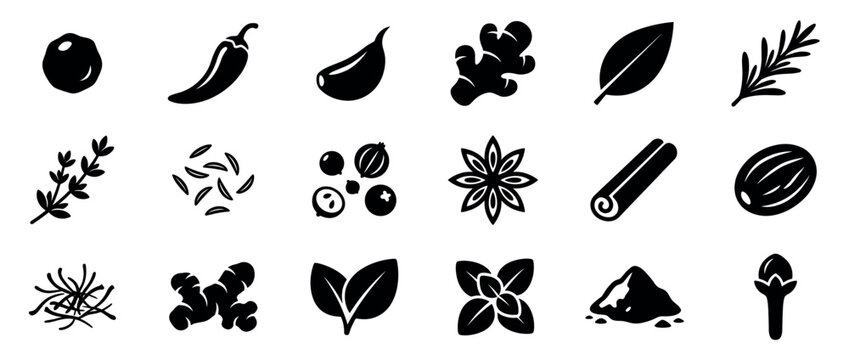 Collection of various black silhouette spices and herbs, including ginger, chili, and bay leaf, arranged neatly