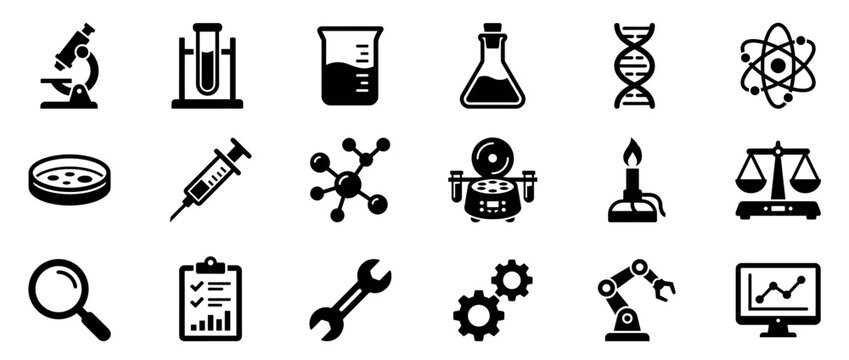 Comprehensive collection of black silhouette science and engineering icons, including laboratory equipment, research tools, and industrial symbols