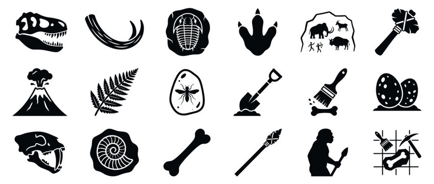 Collection of black and white prehistoric and archaeological icons, including dinosaur skulls, fossils, tools, and cave paintings, presented in a clean, graphic style