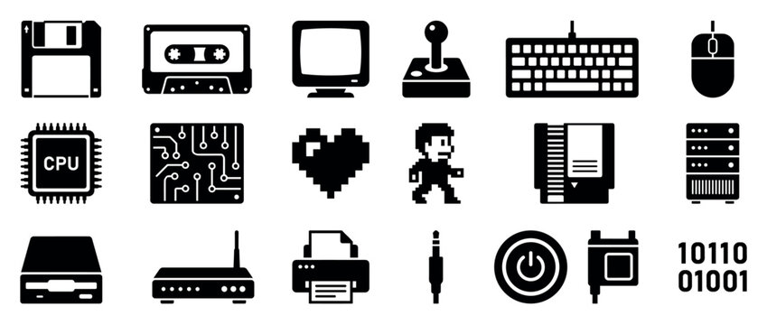 Collection of black retro technology and computer icons, including a floppy disk, cassette, monitor, and joystick