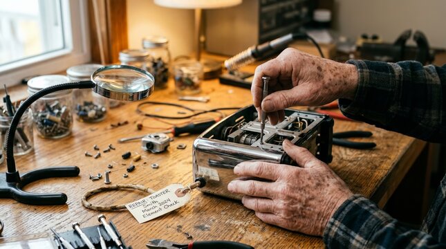 Skilled hands repairing vintage toaster with tools on workshop bench