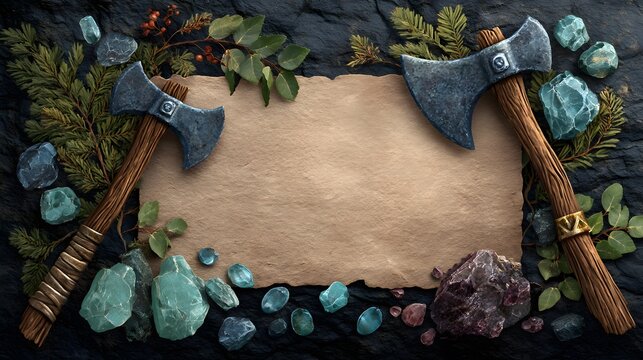Medieval Styled Background with Axes, Gems, and Parchment for Text or Design Elements