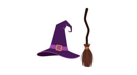 Purple witch hat and broomstick. © Aan