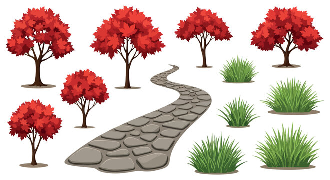 Cartoon game environment assets, 2D platformer level design elements, colorful bushes and stone path tiles, mobile game map construction kit