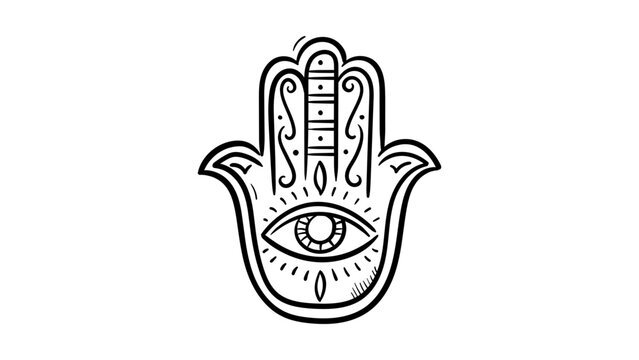 Minimalist black line vector icon and illustration of a Hamsa hand with an evil eye symbol, featuring a hand-drawn outline style on a white background for spiritual protection and logo design.