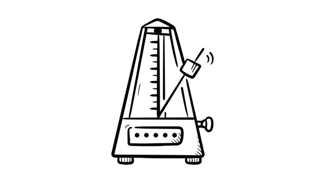Minimalist metronome vector icon, a hand-drawn black line illustration on a white background representing a classic pendulum device for music tempo and rhythm, clean outline, scalable graphic.
