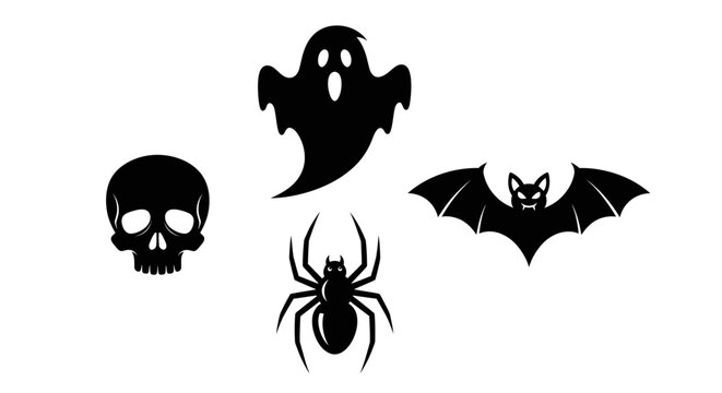 Black Halloween icons on white.