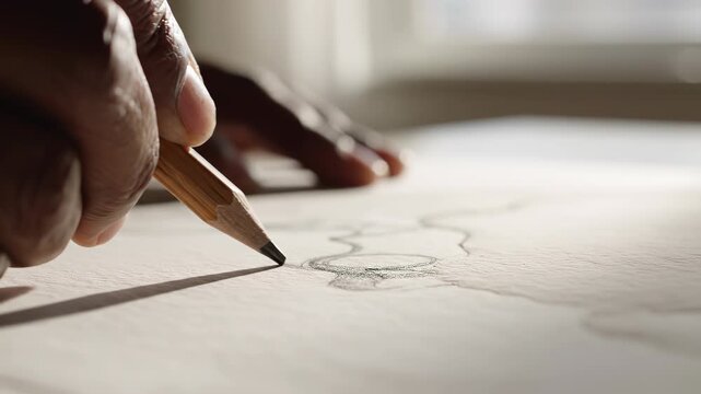 Closeup hand drawing curved line with pencil on paper.