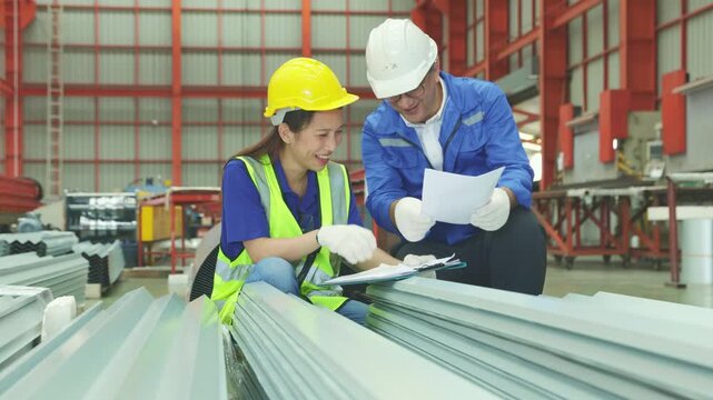 Male engineers and female worker inspect rust proof coated corrugated metal sheets ensuring strength aesthetics before shipment distributors within the industrial metal sheet manufacturing plant.