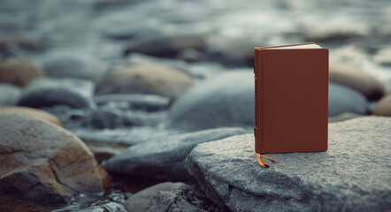 the red book stands on a rock by the river © Mario