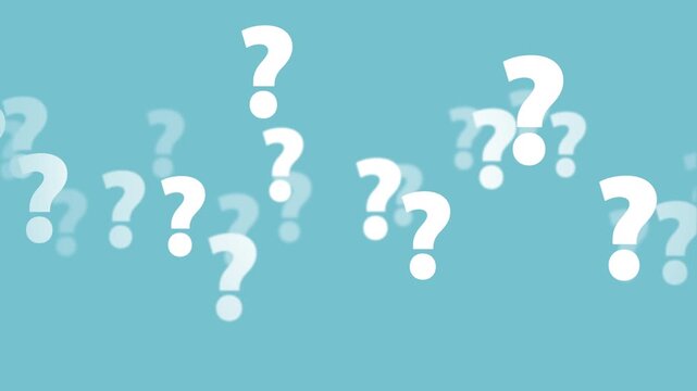 White question marks loop animation on a light blue background. Seamless abstract background perfect for concepts of uncertainty, FAQ, searching for answers, and mystery