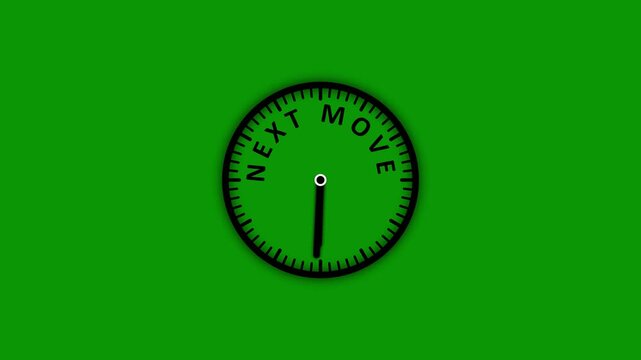 A simple black clock face with the words NEXTMOVE written around its dial is set against a plain, vibrant green background, suggesting future action or strategy Keywords: clock
