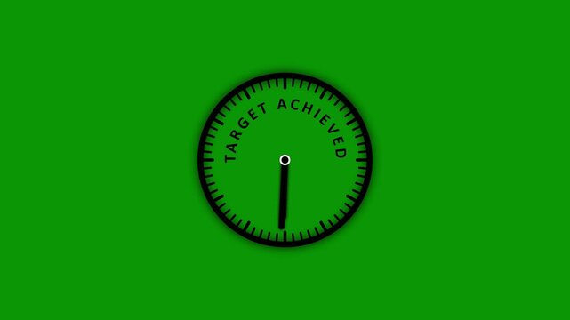 A black clock face with the words TARGETACHIEVED written around its circumference is presented on a uniform bright green background, emphasizing a successful outcome Keywords