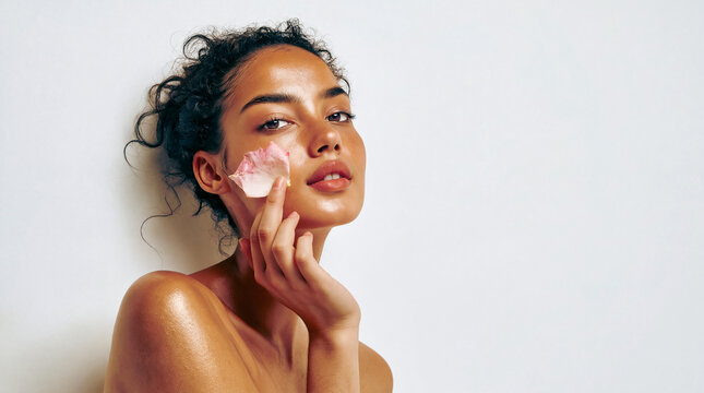 Young woman with ose on her face with flower petal  