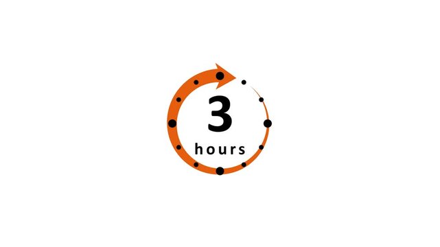 A circular orange arrow with black dots and the number 3 and the word hours in black text against a white background representing a time duration of three hours
