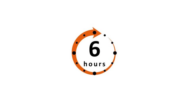 A circular orange arrow with black dots and the number 6 and the word hours in black text against a white background representing a time duration of six hours